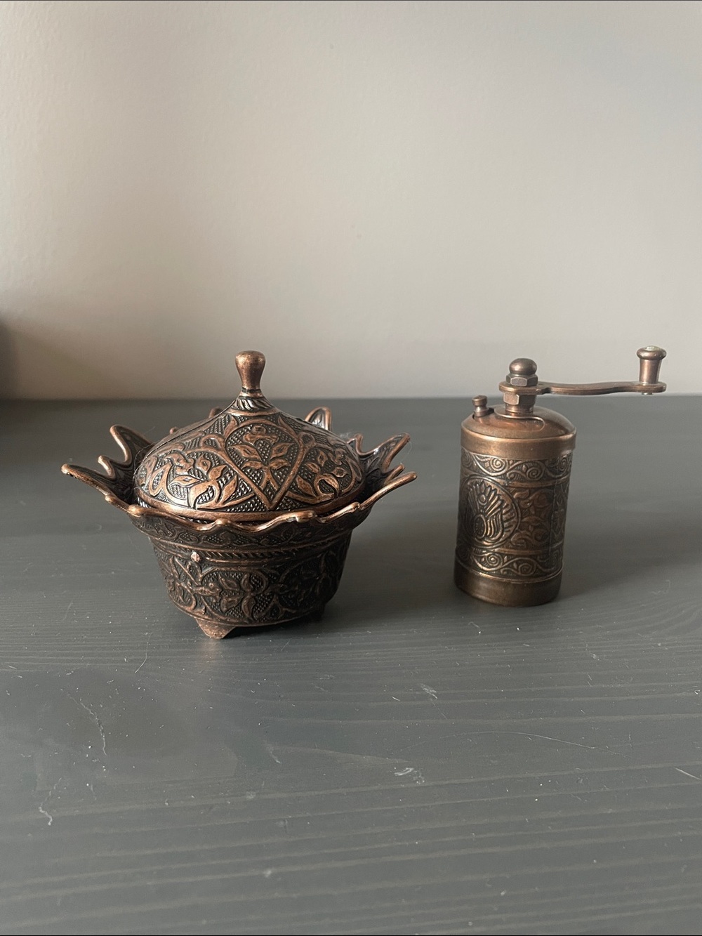 Antique-Style Copper Spice Faux Grinder & Lidded Bowl Set